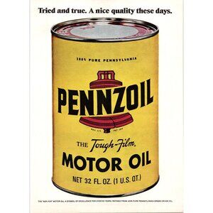 1973 Pennzoil Motor Oil Metal Can Vintage Print Ad Man Cave 70s Wall Art
